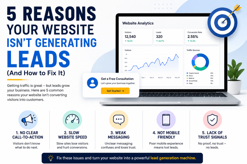 Website lead generation strategy showing conversion funnel, website optimization, mobile responsiveness, and customer trust signals.