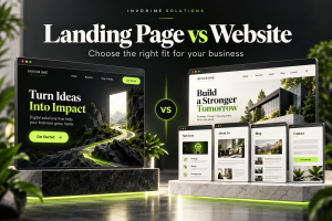 Landing page vs website comparison with lime-green and charcoal website layouts for Invorime Solutions.