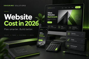 Website Cost in 2026 — desktop and mobile website mockups with planning, design and development cards in Invorime Solutions’ green and charcoal colors.
