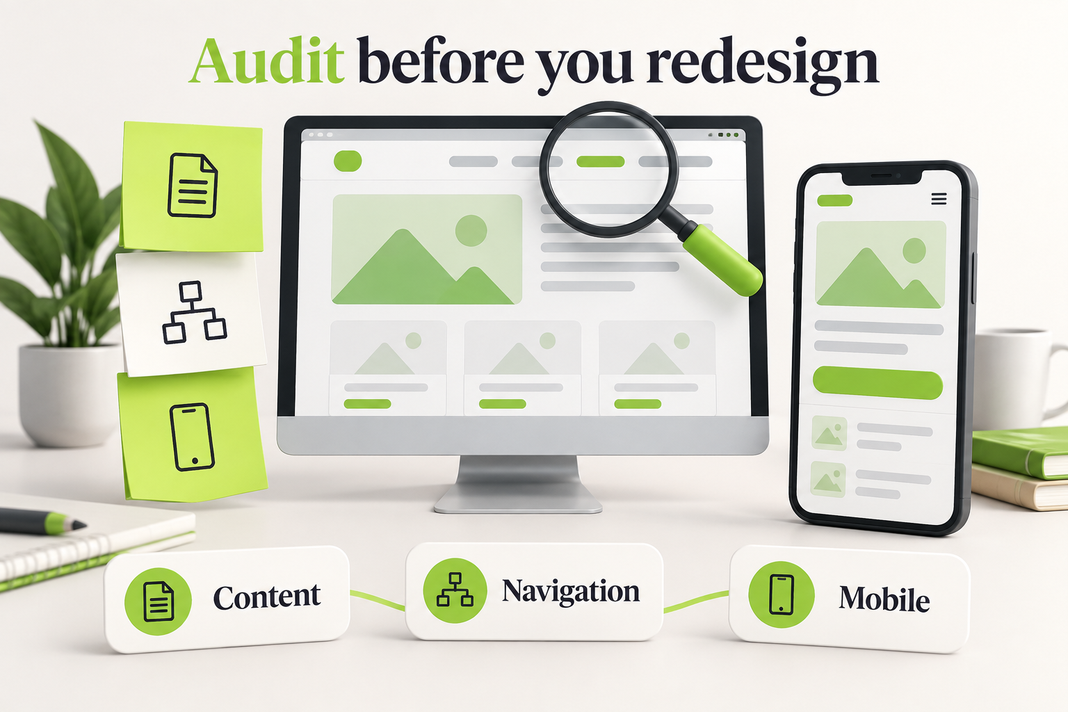 Website audit illustration reviewing content, navigation and mobile layouts before a redesign.
