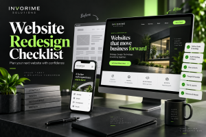 Invorime Solutions website redesign checklist with desktop and mobile website mockups.