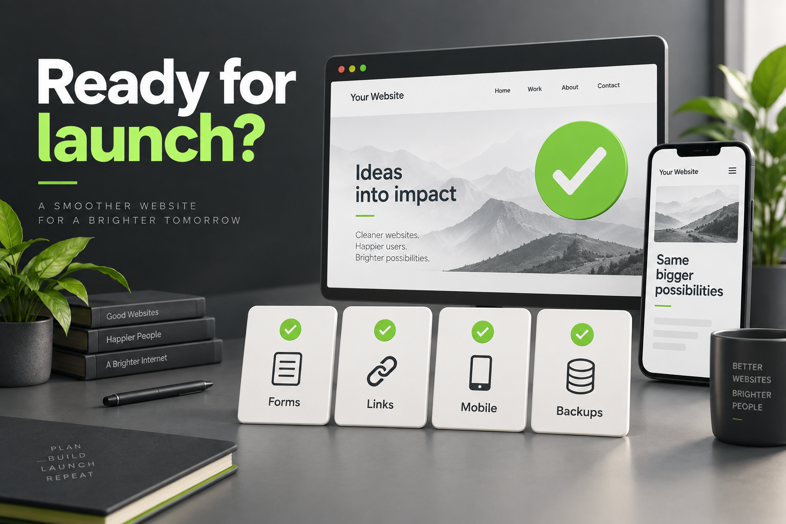 Website launch checklist showing forms, links, mobile testing and backups.